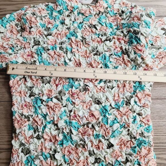 Dolan Printed Pebble Smocked Turtleneck Top M Pink Green Floral Stretch Pullover - Picture 14 of 16